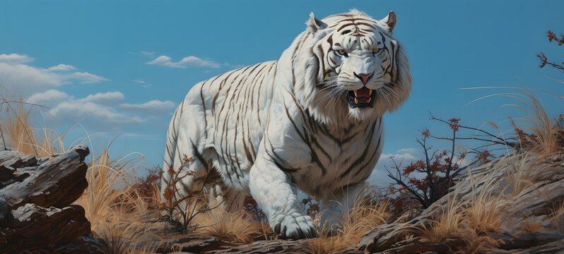 A haunted gothic white tiger perched on a wind-swept hill,ai generative