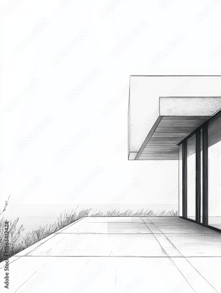 Poster minimalist architectural sketch: coastal retreat with clean lines and open space, serene seaside hom