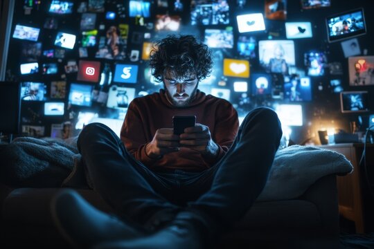 A man surrounded by televisions and information with a phone in his hands. Generative AI