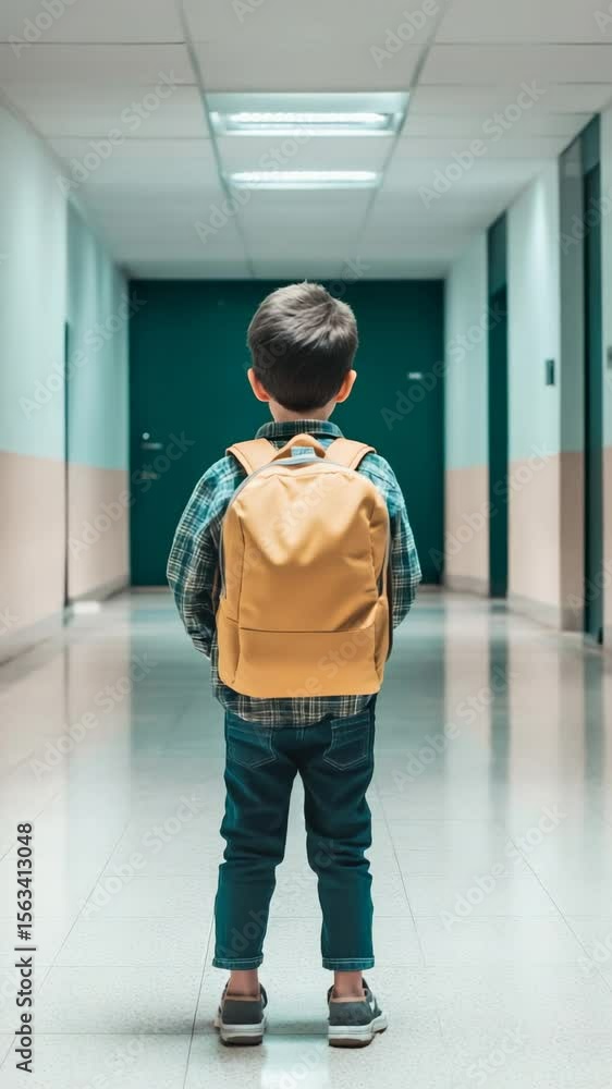 Poster rear view of elementary school student walking in school corridor with backpack during lesson break,