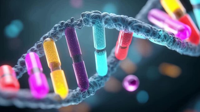 Medical capsules integrated within a DNA structure against dark backdrop. Genetics and pharmaceutical innovations