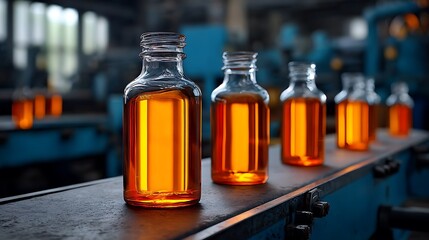 Clear glass bottles filled with amber liquid on a conveyor belt in an industrial setting