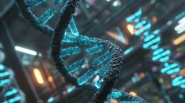 Futuristic Technology: 3D Render of Rotating DNA Strand with Glowing Blue Details - Powered by Adobe
