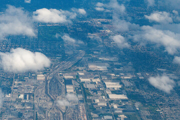 Bedford Park, Illinois, - Aerial view of an industrial area in the Chicago suburbs featuring the CSX Bedford Park intermodal yard, warehouses, and big box stores