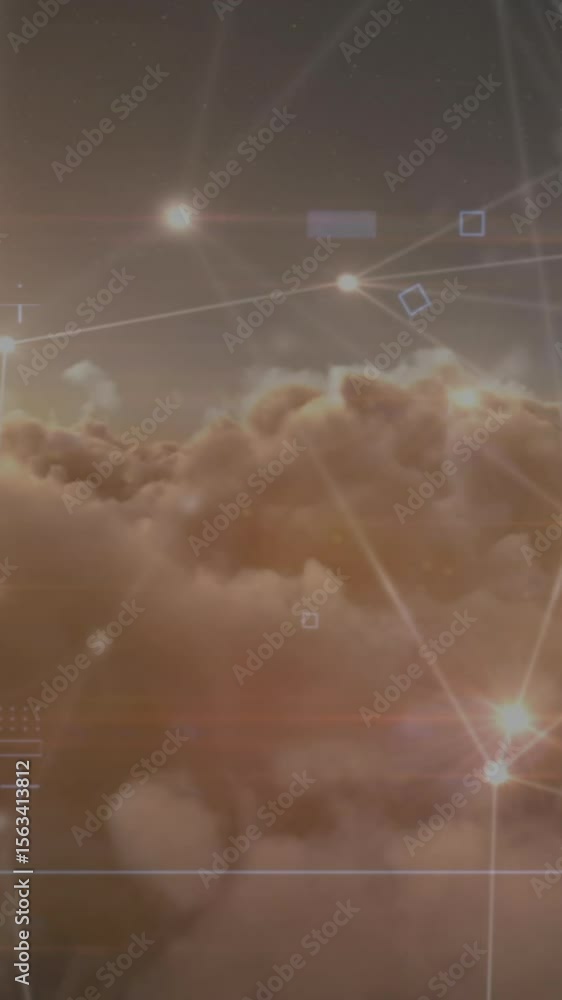 Poster animation of network of connections with digital icons over clouds and background