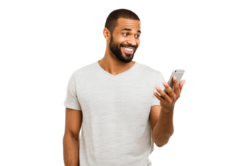  smiling man looks at his mobile phone  isolated on white background