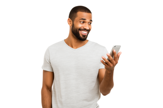  smiling man looks at his mobile phone  isolated on white background