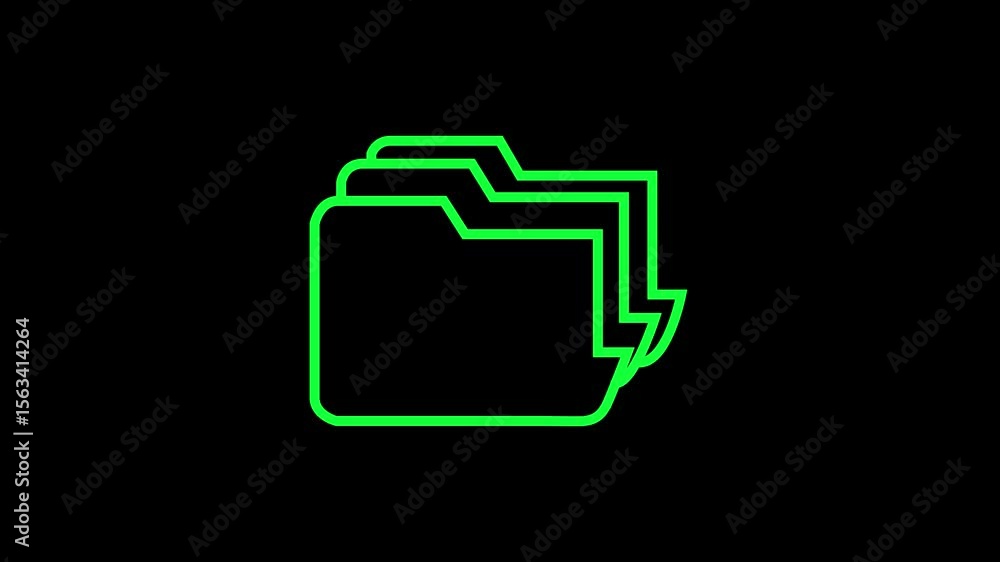 Poster abstract neon green folder icon with layered tabs on a black background
