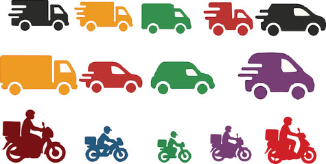 Colorful Delivery Vehicle Icon Set – Trucks, Vans, and Motorcycles