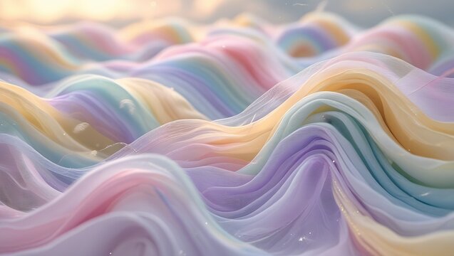 Pastel colored waves of fabric creating an abstract and dreamy landscape with soft light effect