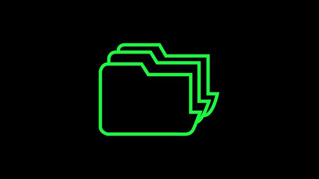 Abstract neon green folder icon with layered tabs on a black background