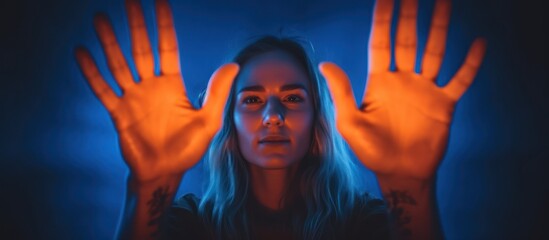 Young woman's silhouette with hands in the air, a dark gesture of stop