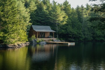 Fototapeta premium Cabin on edge of forest lake with deep shadows