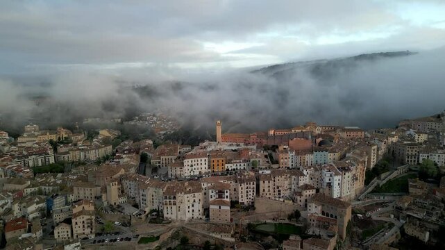 Aerial view of Cuenca and fog, Spain.