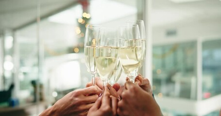 Business people, hands or glass with champagne for christmas celebration or office party. Group, employees or colleagues with toast, cheers or raise drink for work event or festive holiday together - Powered by Adobe