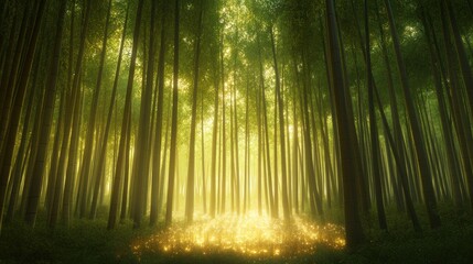 A dense forest with tall trees and a bright light shining through the trees onto the ground below