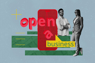 Exclusive creative collage of happy businessman businesswoman stand phone open business cloud...
