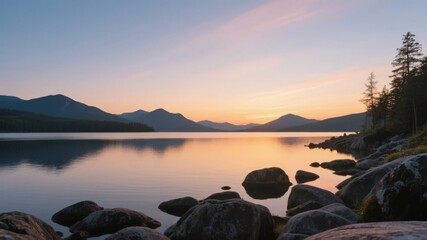 Calm lake at sunset with distant mountains and rocky shoreline