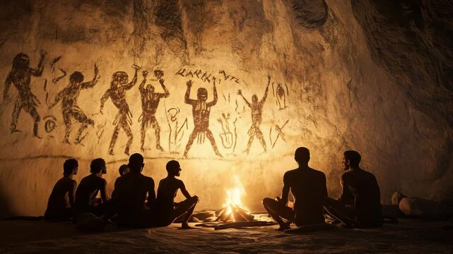 Ancient humans gather around a fire in a cave, discussing and admiring the ancient rock art illuminated by flames