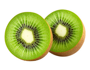 Fototapeta premium Sliced Kiwi Fruit Halves with Juicy Green Texture, isolated on transparent background.
