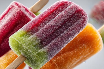 Colorful and refreshing popsicles presented in various styles and flavor combinations. The images showcase everything from organized patterns to close-up shots highlighting the frosty texture 