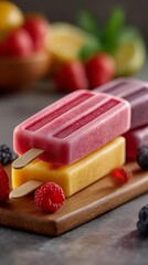 Colorful and refreshing popsicles presented in various styles and flavor combinations. The images showcase everything from organized patterns to close-up shots highlighting the frosty texture 