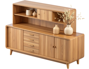 Vintage Walnut Cabinet with Matte Vase and Artistic Branch Decor, Isometric View