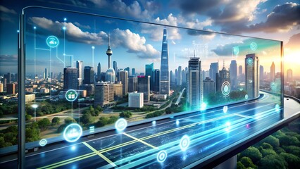 Holographic Business Intelligence Interface with Glowing Graphs and Transparent Screens, High-Tech Laptop Displaying Big Data Dashboard with 3D Graphs, Cyber Technology Concept