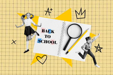 Art image full collage of two happy schoolgirl schoolboy classmate stand notepad back to school...