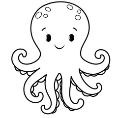 Cute Octopus black doodle outline.