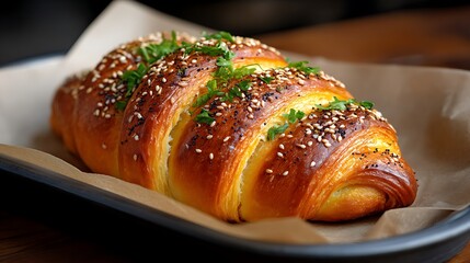 Golden croissant topped with sesame seeds poppy seeds and fresh parsley on brown paper