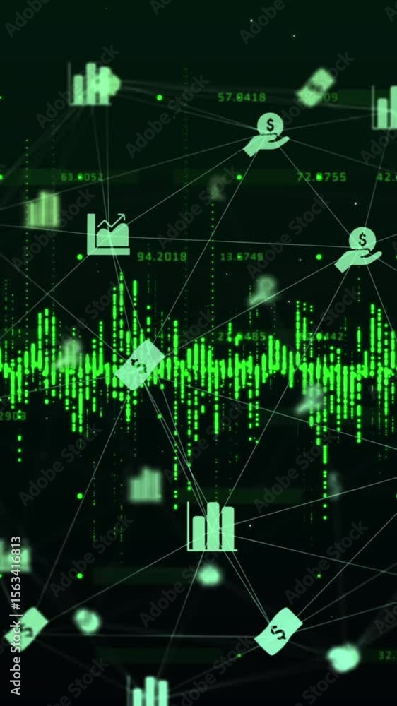 Poster animation of data processing and network of connections over dark background
