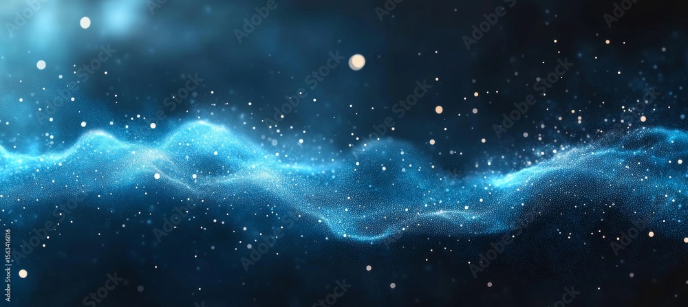 Poster futuristic digital data stream with flowing nodes and bright turquoise particles in dark environment