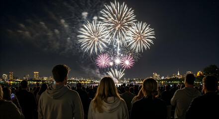 Obraz premium Three friends watch gold and white fireworks over a blurred city crowd.
