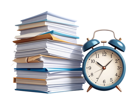 Minimalist Conceptual Illustration of Office Overload with Paper Stack and Alarm Clock.