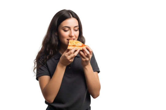 young woman eating pizza on white