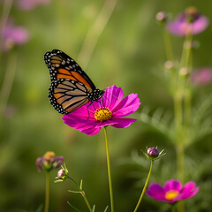 Fototapeta premium A monarch butterfly rests on a vibrant pink cosmos flower, surrounded by a soft green background.