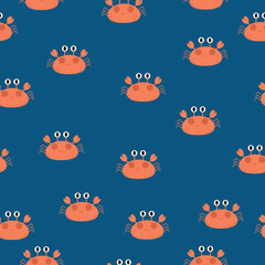 Playful seamless pattern with adorable orange cartoon crabs on a navy blue background. Perfect for kids’ textiles, wrapping paper, summer designs, and marine-themed products