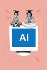 Poster sketch 3D collage of back education cyber student virtual knowledge obsolete computer...