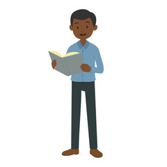 Cartoon man reading book while standing. Vector illustration for editorial, lifestyle content or hobby-related content