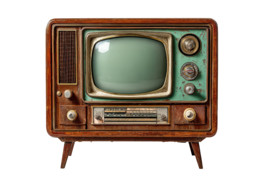 Vintage Television Retro Radio Antique Electronics Nostalgia Green Teal Brown Wood isolated on a transparent background