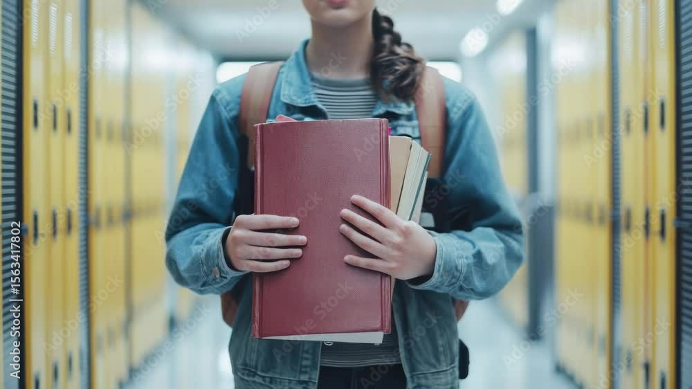 Poster high school student walking through a bustling hallway, carrying a stack of books and a backpack, ea