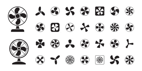 Black Fan and Fan Blade Icons Set, vector illustration