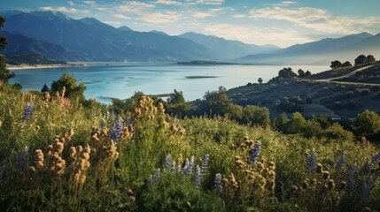Panoramic blue sky mountain lake landscape with green hills and reflections