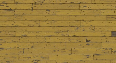 Fototapeta premium Distressed yellow wooden planks aged with chipped paint and visible wood grain forming a rustic textured surface