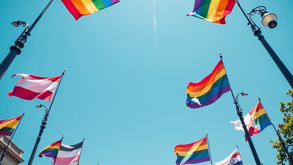 Obraz premium Flags of Unity: Pride Flags Waving on a Clear Day