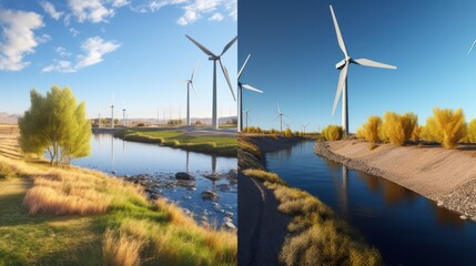 Wind turbines generate green electric power in a vast field under a blue sky, symbolizing renewable energy technology and environmental harmony