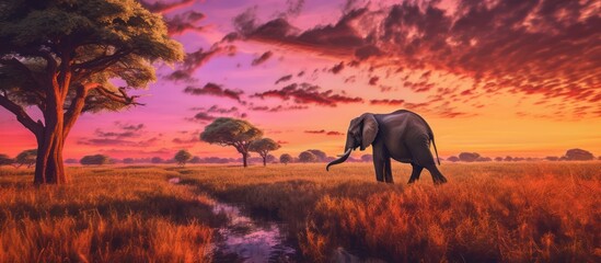 African elephants with large tusks at sunset on a wild safari