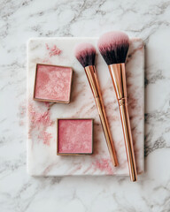 Beautifully arranged flat lay of blush palettes and makeup brushes on marble surface, showcasing elegance and style in beauty products. soft pink tones create serene and inviting atmosphere