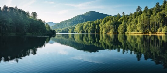 Nature's mirror: clear blue sky and mountains reflecting in a serene lake, framed by an autumn forest